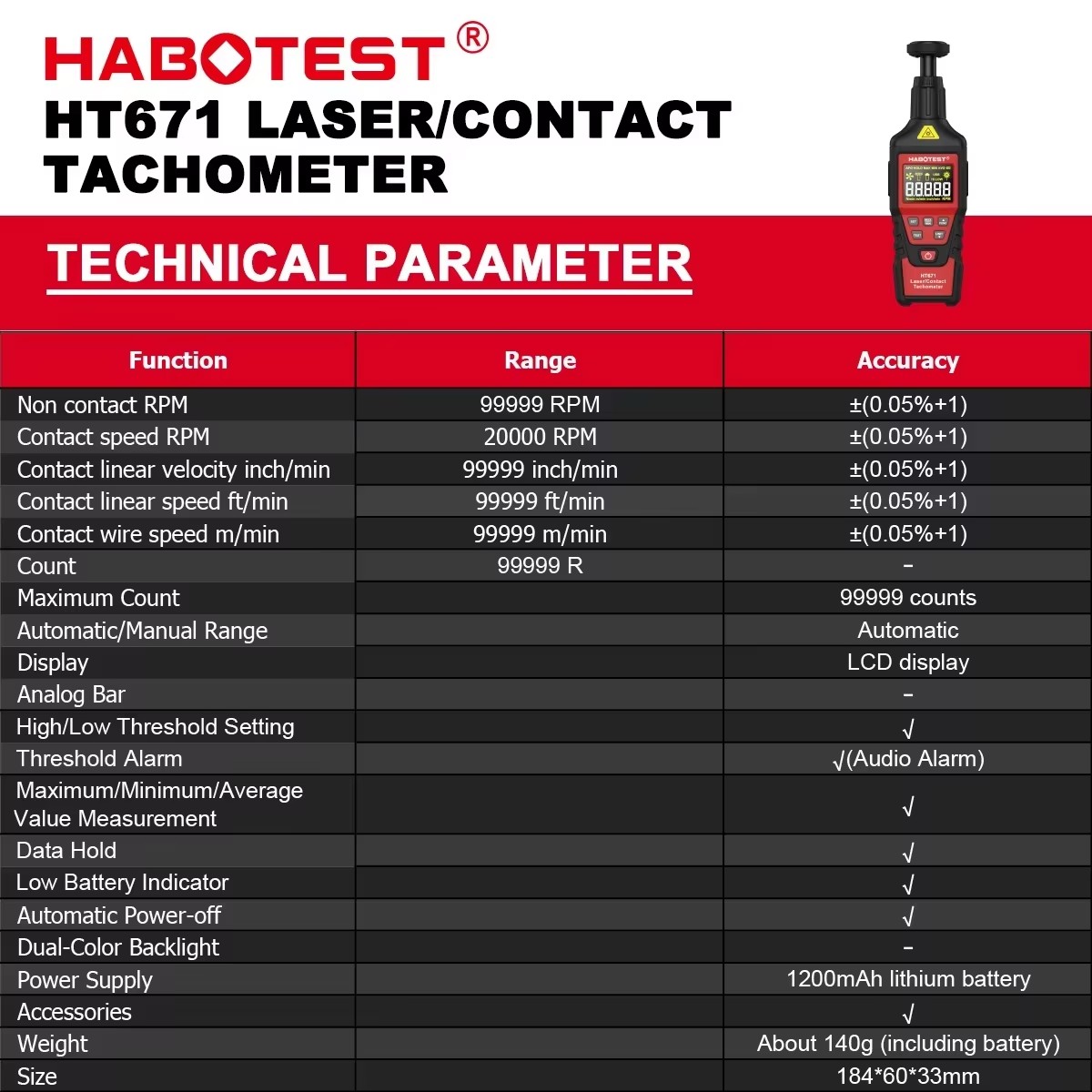 Industrial Laser Tachometer - HABOTEST HT671 2'si 1 Arada Dijital